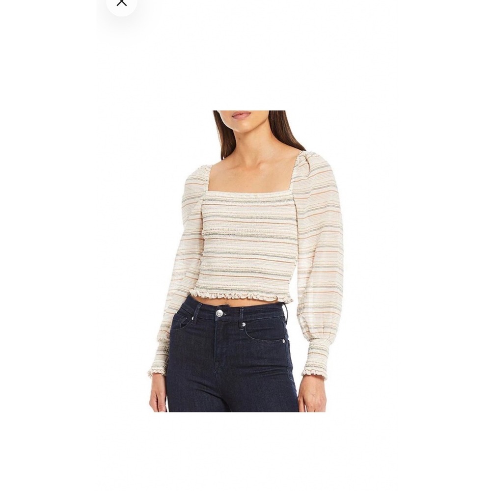 Gianni Bini Striped Smocked Crop Top Square Neck Puff Sleeve Metallic Gold L